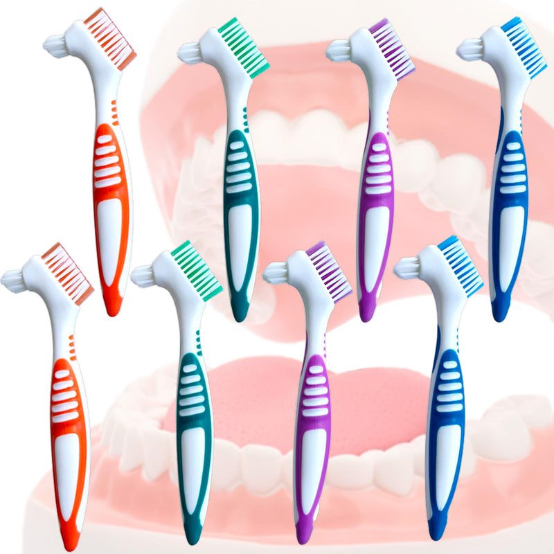 [Australia] - Denture Cleaning Brush 8PACK, Double Headed Design with Multi-Layered Bristles & Secure Grip - Gentle Care for Dentures, Mouth Guards, Dental Appliances - Thoughtful Elderly Gift Set 4 Colors 8 Pcs 
