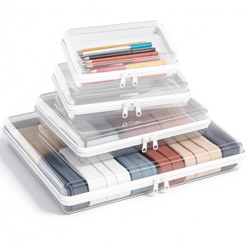 4 Pack Clear Hard Shell Zipper Case (S,M,L,XL), 1.2mm Crush-Proof Transparent Storage Pouches, Hard Plastic Packing Cubes & Organizer Bags for Travel, Pencil, Cosmetics, Toiletry, Toys Storage 4 Pack(S,M,L,XL)