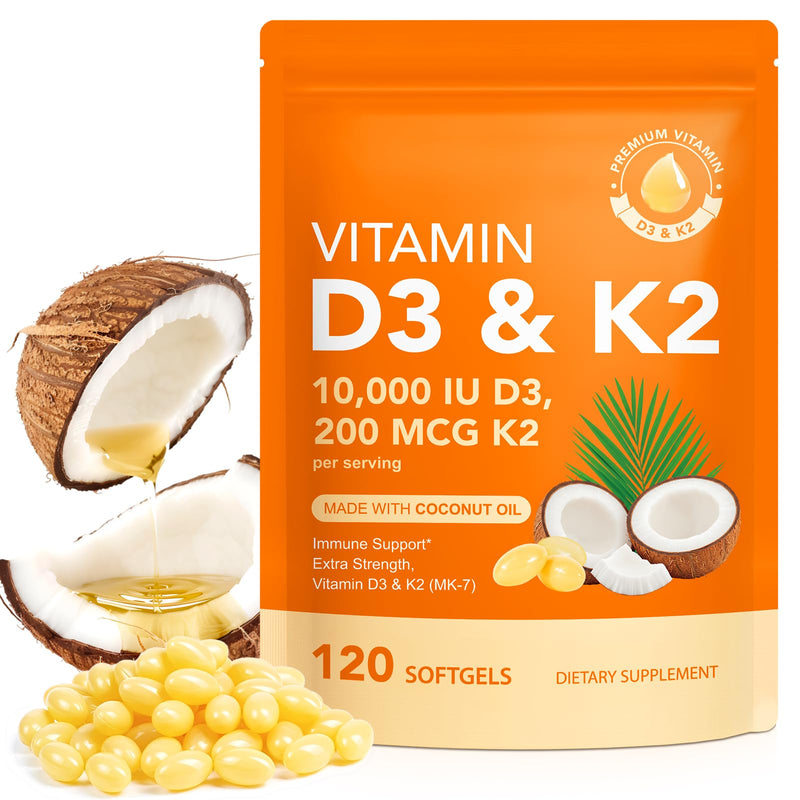 ZODENIS Vitamin D3 K2 Supplement Softgel with Coconut Oil, Vitamin D3 10000iu & Mk7 Vitamin K2 200mcg for Bone & Immune Support, Vegan, Non-GMO, 120 Softgels