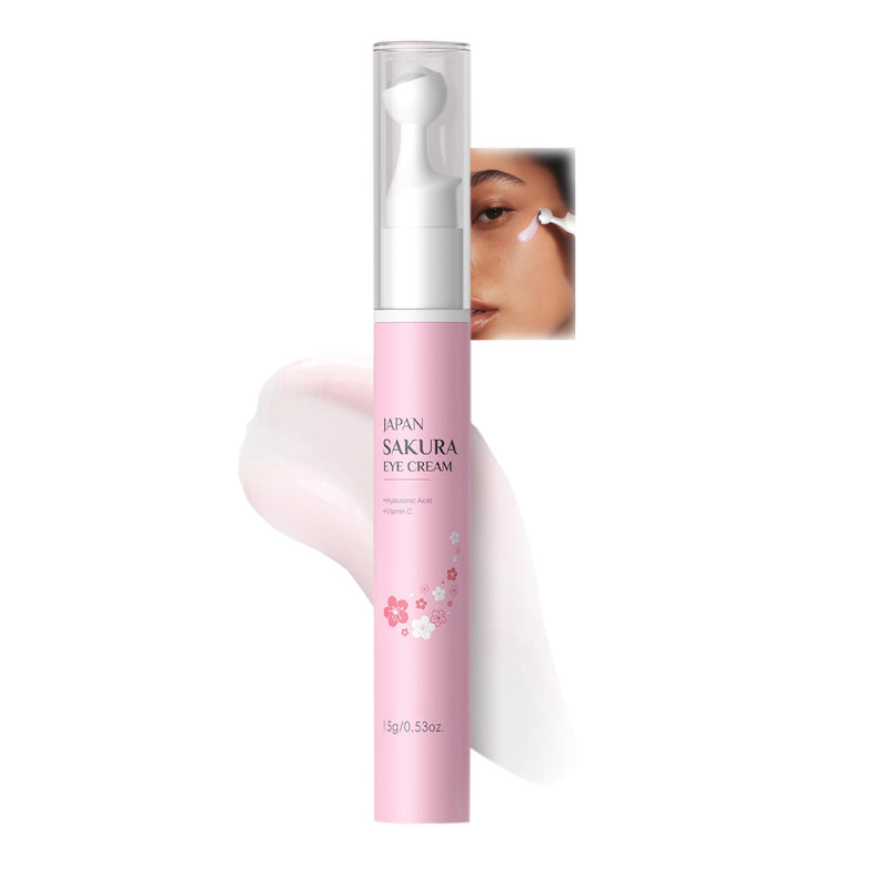 Sakura Eye Cream with 360° Cooling Massage Roller, Deep Hydration Serum with Caffeine+Vitamin C, Under Eye Cream Reduce Wrinkles, Fine Lines, and Bags, Dark Circles Under Eye Treatment, 0.53oz