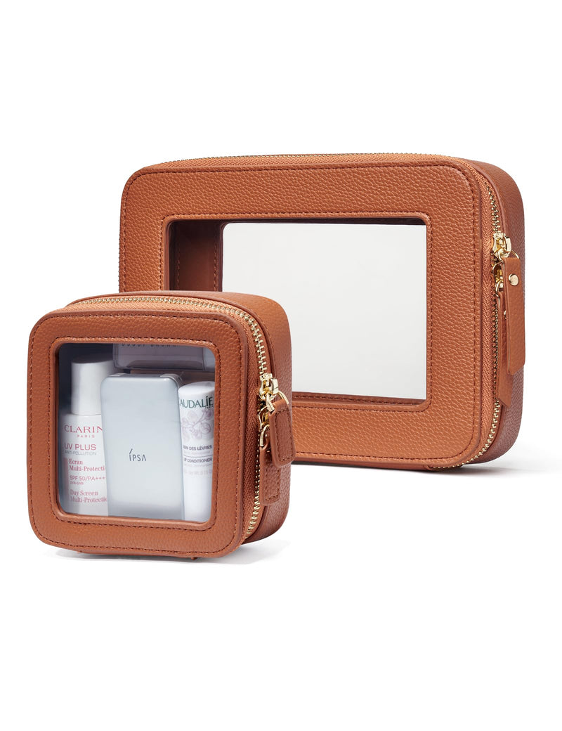 Clear Makeup Case Toiletry Bag Travel Medium Clear Cosmetic Bag with Zipper, Make Up Bag Organizer Traveling TSA Approved Transparent Bag Car for Essentials, Mini & Medium, Brown