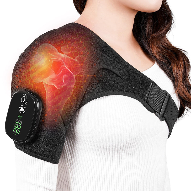 Cordless Shoulder Heating Pad & Massager, Electric Heated Shoulder Brace Wrap, Heating Pads for Rotator Cuff and Frozen Pain Relief,5000mAh Chargeable Powered, Men & Women(Black)