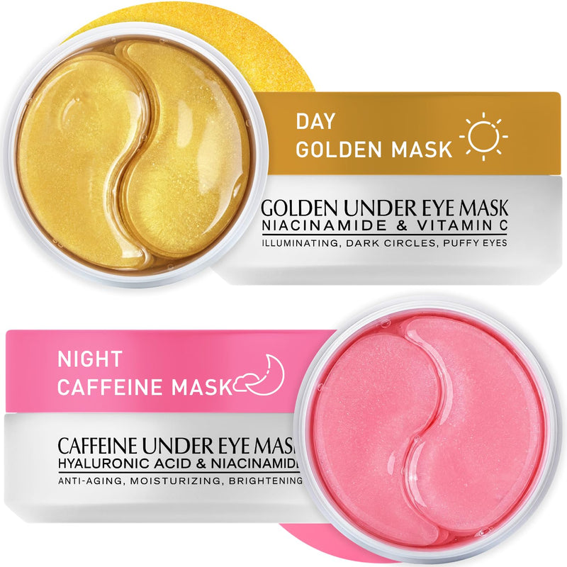 Under Eye Patches Kit: 120 Pcs Rosy Caffeine & 24K Gold Gel Eye Mask for Dark Circles, Puffiness and Wrinkles - Anti-Aging Pads with Niacinamide, Collagen, Hyaluronic Acid & Vitamin C (2 Pack) Pink & Golden