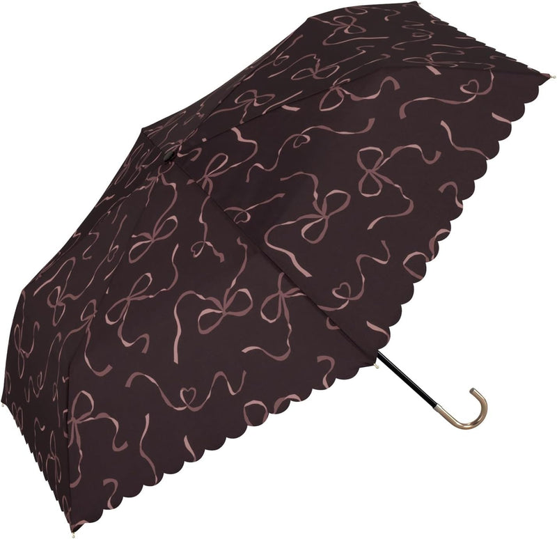 Wpc. Heart Ribbon Compact Umbrella – Lightweight 3-Fold Umbrella with UV Protection, Scalloped Edge & Gold Handle, 19.3" Ribs, 11" Folded, Cute & Elegant for Women (Rain or Shine) Brown