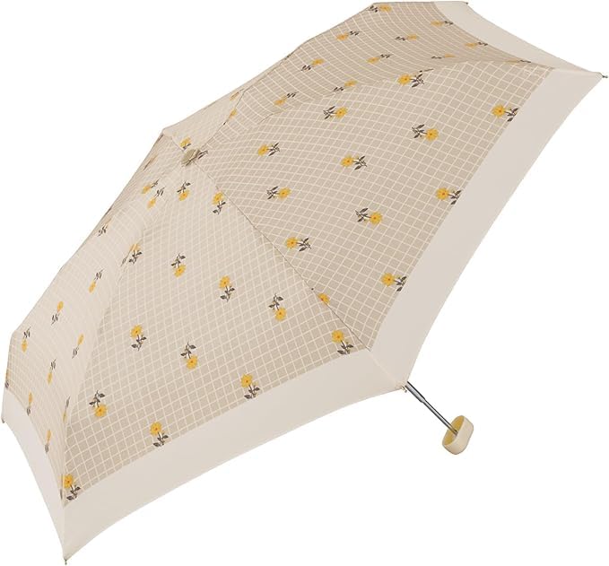 Plaid Flower Compact Umbrella – Lightweight 5-Fold UV Protection Umbrella with Retro Floral Check Pattern, Flat Folding Design, Manual Open, Clutch-Style Case, for Women Beige