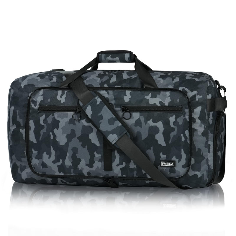 65L Duffle Bag Foldable Travel Duffel Bags for Men Women Travel Bag | Shoes Compartment, 65L Large Capacity, Foldable, Packable, Water Repellent, Tear Resistant, for Traveling Gym Overnight Camp Glossy BlackCamo