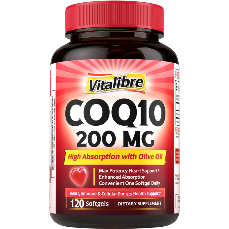 Vitalibre CoQ10 200 mg, with Extra Virgin Olive Oil, High Absorption CoQ10 Ubiquinone, Max Potency Heart & Cellular Energy Support, Powerful Antioxidant, Easy to Swallow, Once Daily, 120 Softgels 120 Count (Pack of 1)