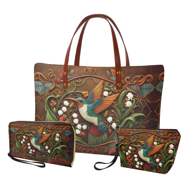 Purse and Handbag Set for Women, Large Hobo Bag with Wallet and Make Up Bag, 3 Piece Top Handle Purse Set Brown-hummingbird Flower