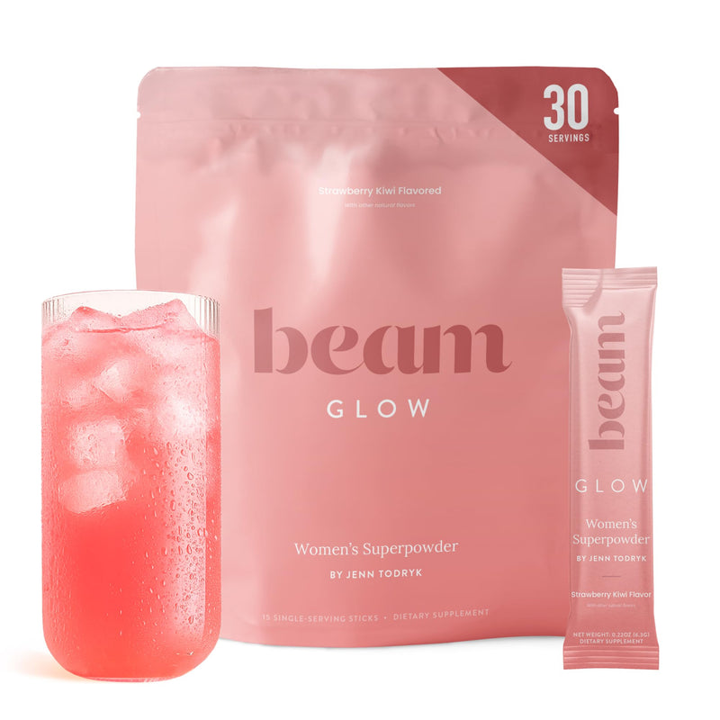 BEAM Glow Hormone Support & Cortisol Supplement for Women - Daily Vitamins for Women with Ashwagandha, Selenium, Zinc, Vitamin A, for Cycle Health, Mood & Energy, Strawberry Kiwi, 30 Servings