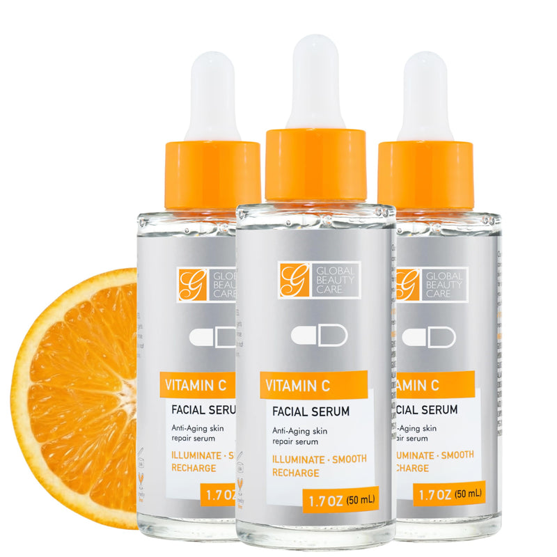 Global Beauty Care Vitamin C Facial Serum - Facial Treatment Serum with Hyaluronic Acid for Uneven Tone & Radiance Appearance Support, Fast Absorbing, Lightweight Hydration, 1.7 fl oz (3-Pack) 1.7 Fl Oz (Pack of 3)