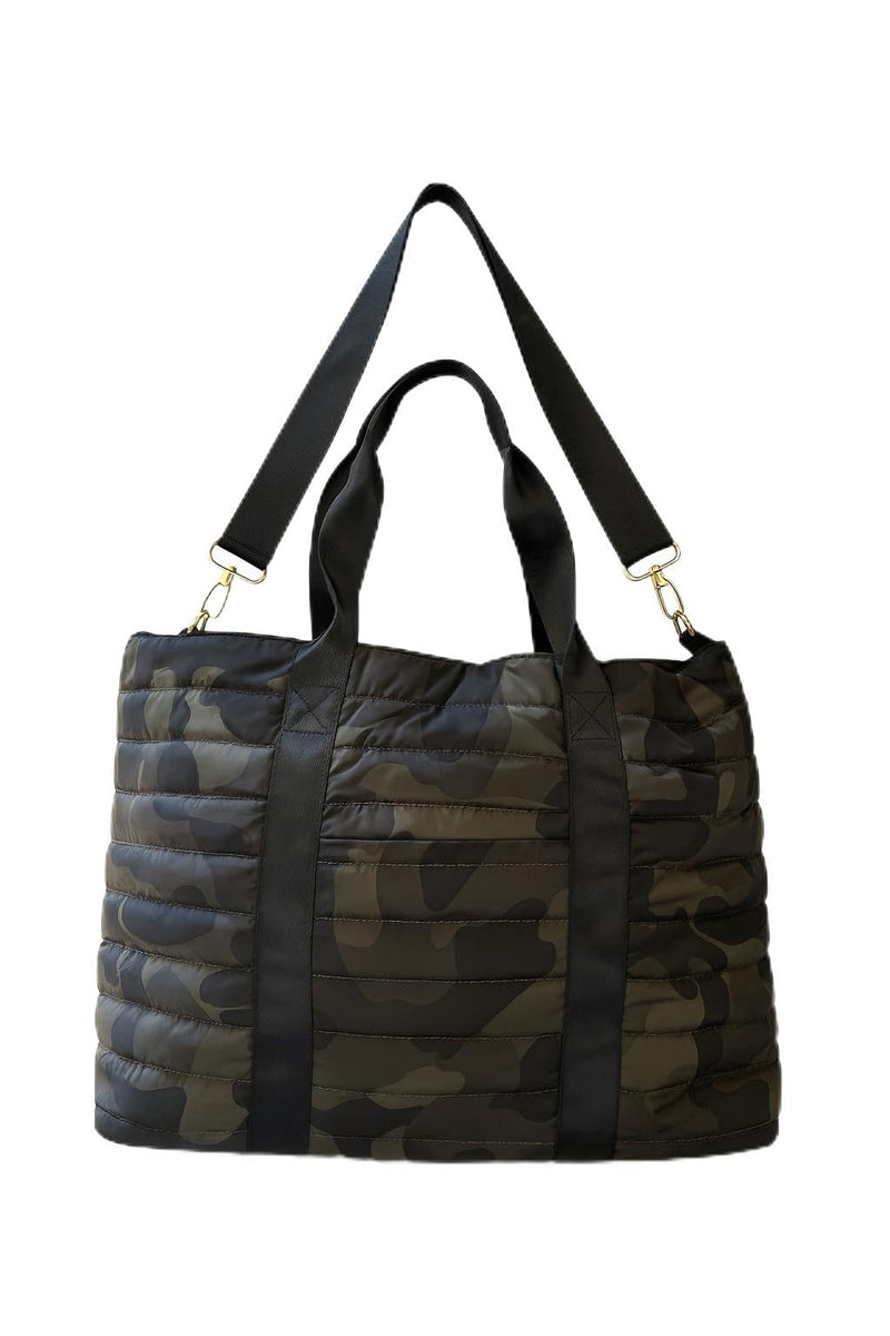 Dallas Hill Puffer Green Camo Everyday Traveler Bag, Quilted Nylon Duffel with Shoulder Straps & Detachable Crossbody Strap, Water-Resistant Weekender Travel Bag with Removable Pouch 14" x 17" x 7"