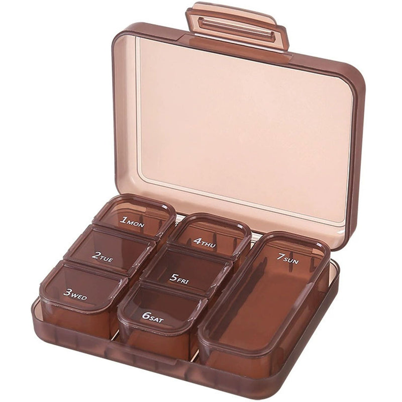 Weekly Pill Box Organiser for Pocket Daily Medication Storage Case | Brown Pill Case with 7 Compartments, BPA-Free Double Seal Waterproof, Storage for Vitamins, Fish Oil, Dietary Supplements