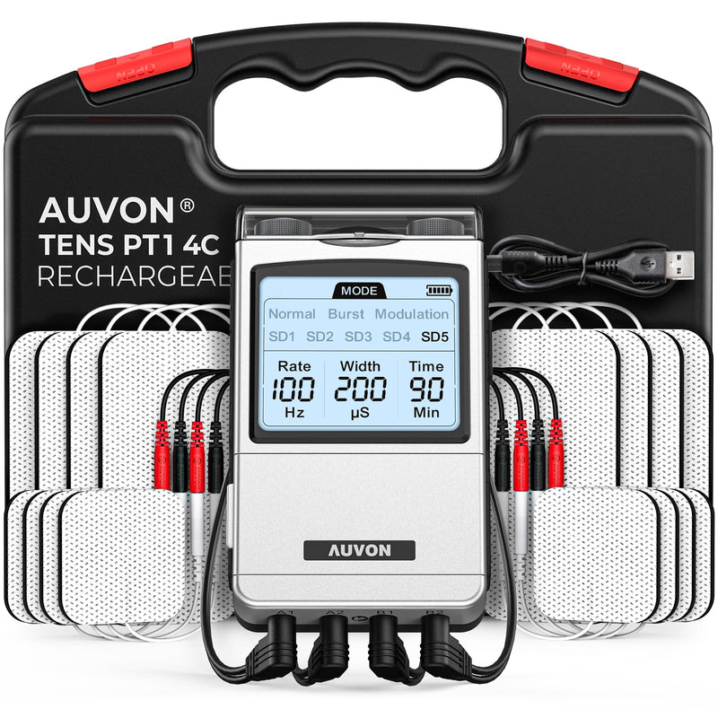 AUVON 4-Channel Digital TENS Unit Muscle Stimulator, Customizable 8 Modes | Rechargeable TENS Machine with 16 Premium TENS Pads, Drug-free for Neck, Shoulder, Back, Sciatica Pain Relief, A Carry Case
