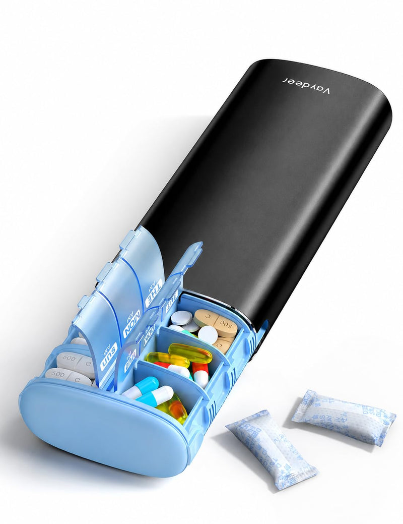 Vaydeer Metal 7 Day Travel Pill Organizer 2 Times a Day, Built-in Desiccant | AM PM weekly Travel Pill Case, Twice-Daily，Airtight Large Capacity Pill Box for Vitamins, Medication, Supplements & Fish Oil Black Standard Size