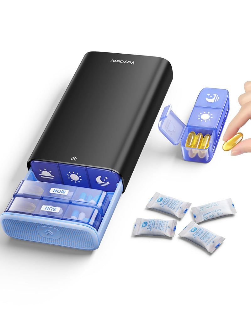 Vaydeer Metal Pill Organizer 3 Times a Day, Weekly Pill Box with Built-in Desiccant Compartment, Airtight 7 Day Travel Pill Case for Medication, Vitamins & Supplements (Black) Black