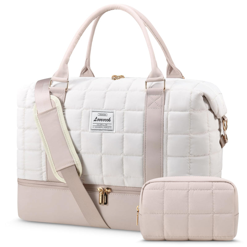 LOVEVOOK Travel Duffle Bag with Shoe Compartments - Carry on Overnight Bag & Weekender Bags for Women, Yoga Gym Bag with Wet Pocket, 2Pcs Set White/Nude X-Large