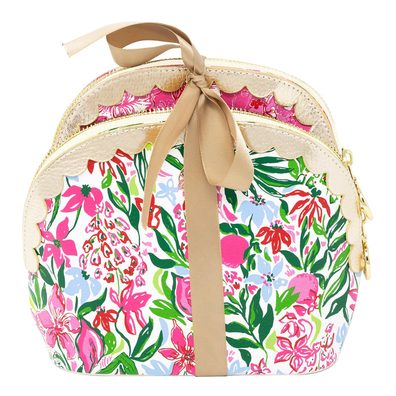 Lilly Pulitzer Vegan Leather Zipper Pouch Set of 2, Large and Small Travel Toiletry Bags with Scallop Edges for Supplies, Makeup or Toiletries (Glowing Garden/Feeling Poppy)