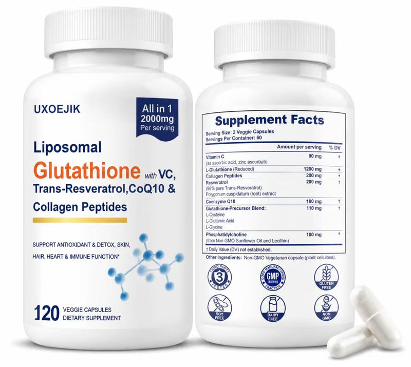 Liposomal Glutathione Supplement, 2000MG Glutathione Liposomal, 120 Count | Glutathione with VIT C, Resveratrol, Antioxidant Reduced L-Glutathione for Liver Detox and Immune Energy Skin Support