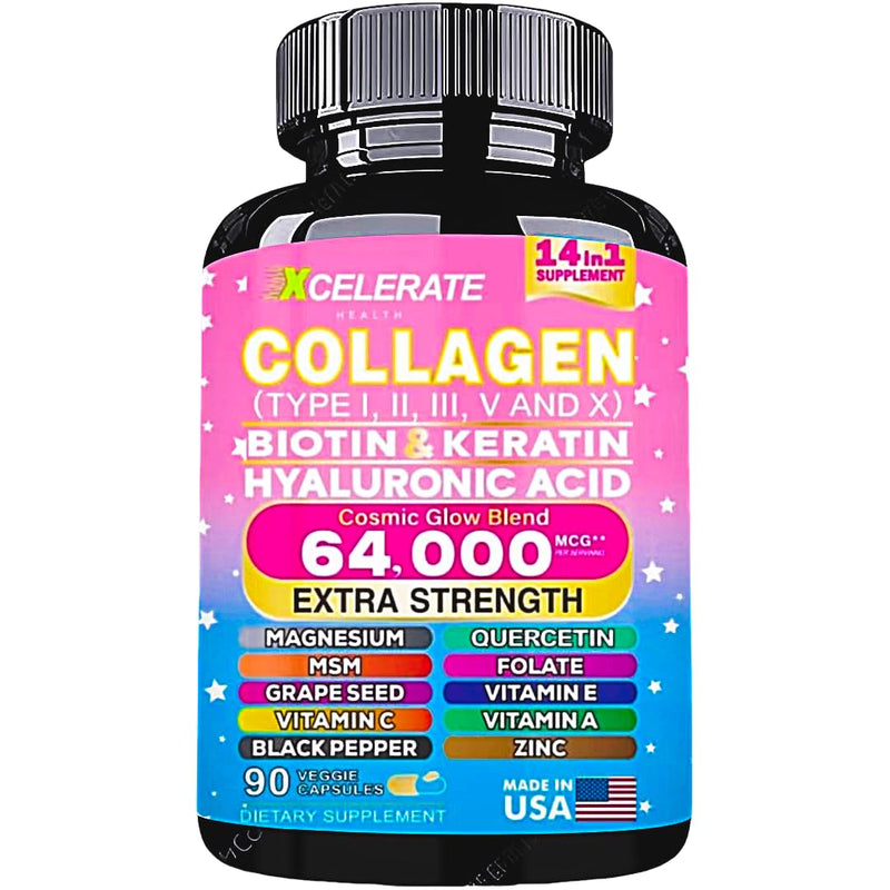 14 In 1 Collagen Blend Supplement - Peptides Types l II III V X Biotin Keratin Hyaluronic Acid Folate Zinc Quercetin Apple Cider Vinegar Magnesium Grape Seed Extract Hair Skin Nail Health Support