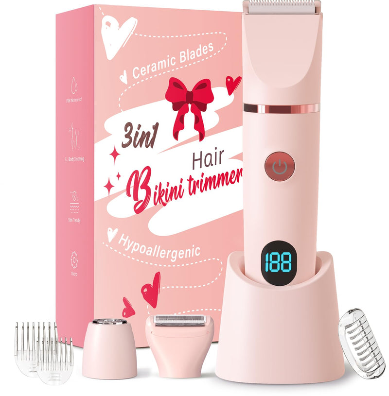 [Australia] - IPX7 Waterproof Bikini Trimmer for Women, Hypoallergenic Painless Ceramic Blade Electric Face Razors for Shaving, Facial Pubic Hair Removal Shaver for Shower Use Summer Essentials(Light Red) 