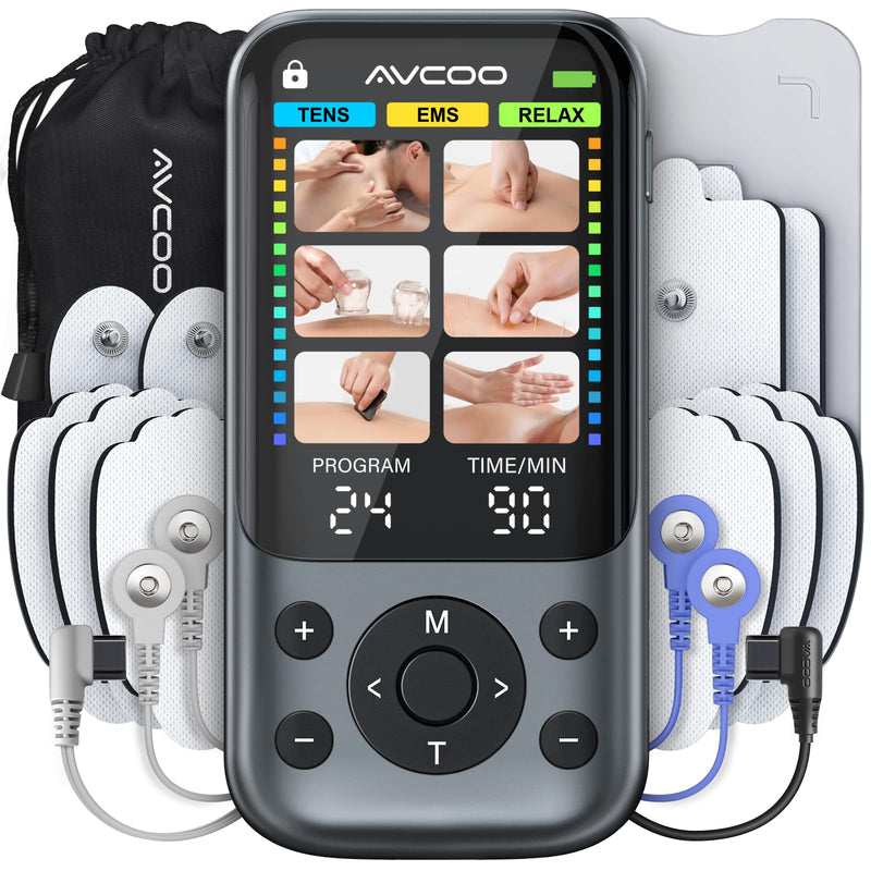 AVCOO Color Screen 24 Modes TENS Unit Muscle Stimulator for Pain Relief | 3-in-1 EMS Massage Machine for Shoulder, Back Pain Relief Therapy, 30 Levels, Dual-Channel Electronic Pulse Massager, 10 Pads