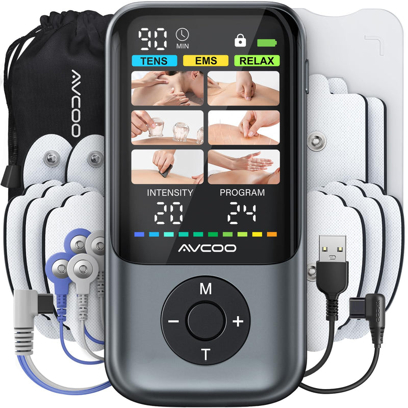 AVCOO 24 Modes TENS Unit Muscle Stimulator for Pain Relief, Color Screen | 3-in-1 EMS Massage Machine for Drug-Free Shoulder, Back Pain Relief Therapy, 30 Levels Electronic Pulse Massager, 10 Pads