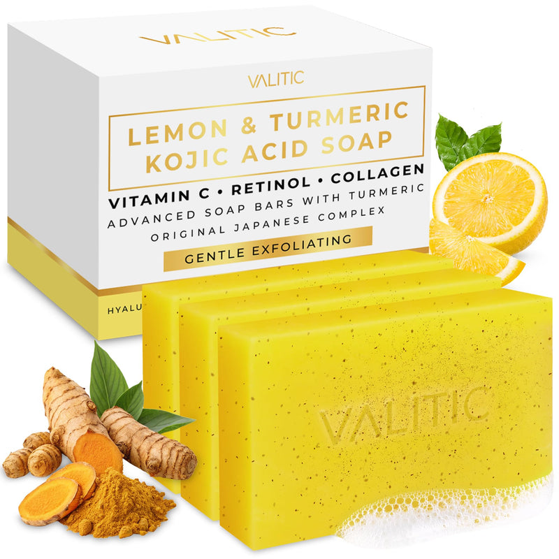 VALITIC Lemon Turmeric Soap for Dark Spots - Kojic Acid Soap for Face and Body - Exfoliating Bar for Brightening, Skin Tone Corrector with Retinol, Vitamin C, Collagen and Hyaluronic Acid - 3 Pack