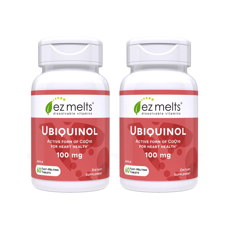 EZ Melts Ubiquinol 100 mg - CoQ10 Supplement for Heart Health & Energy Support - Antioxidant Protection - No Artificial Flavors - Non-GMO & Vegan - Apple - 120 Dissolvable Tablets (120 Servings) 60 Count (Pack of 2)