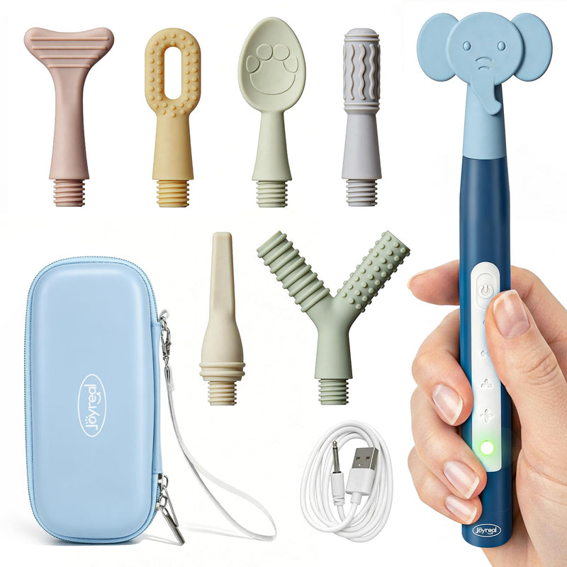 Joyreal SensoryBuzz Oral Motor Vibration Kit with 7 Textured Silicone Heads | Rechargeable, 4 Modes Vibrating Teether, Autism Sensory Products, Speech Therapy Tools, Stimulate Self Feeding, Sensory Needs