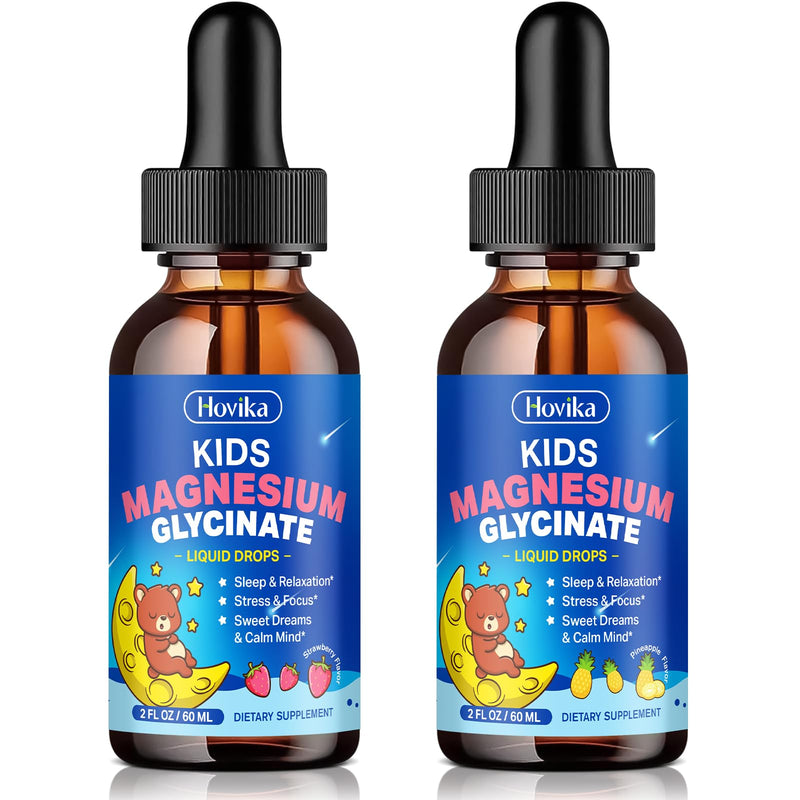 2 Pack Magnesium Glycinate Liquid for Kids with L-Theanine Omega-3, Vitamin B6, D3, Zinc - Kids Magnesium Drops Strawberry & Pineapple Flavor