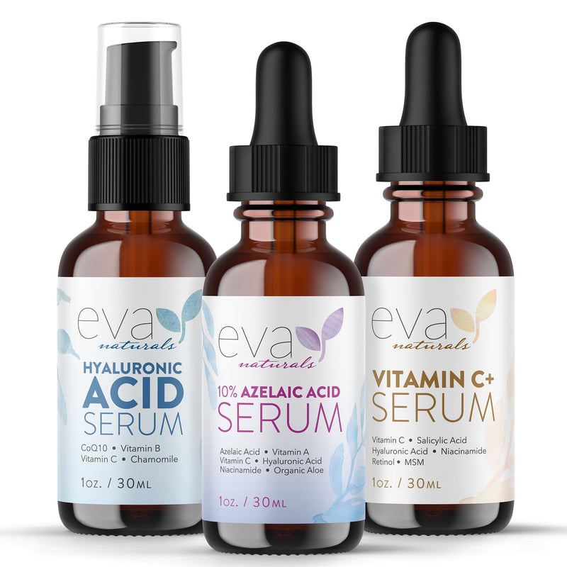Eva Naturals Serum Trio – Vitamin C+, Hyaluronic Acid & Azelaic Acid, Acne | 3-piece set, anti-aging, dark spots, fine lines, redness, hydrating, radiant skin 1 Fl Oz (Bundle of 3)