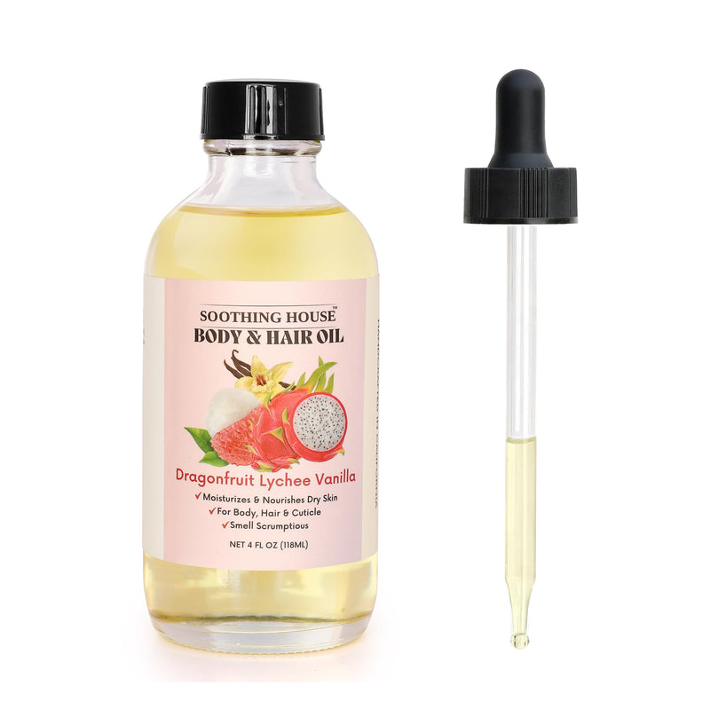 Dragonfruit Lychee Vanilla Body Oil – Hydrating & Nourishing Oil for Skin, Hair & Cuticles – Lightweight, Fast-Absorbing, Long-Lasting Fruity Floral Scent, 4 fl oz Dragonfruit Lychee Vanilla 4 Fl Oz (Pack of 1)