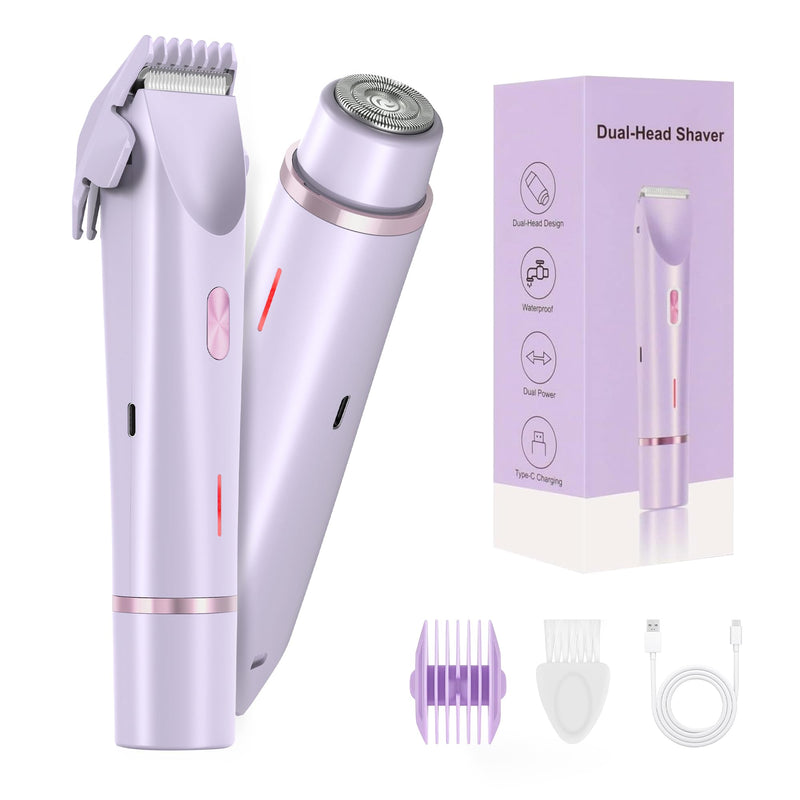 [Australia] - Bikini Trimmer for Women-2 in 1 Dual Head Electric Razors,IPX7 Waterproof Bikini Electric Shaver,Dry & Wet Use Painless Bikini Shaver,Pubic Hair Trimmer for Private Area & Body Hair,Purple Purple 