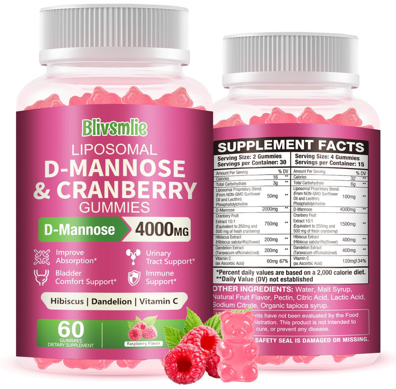 Liposomal D-Mannose Gummies 4000mg Complex Cranberry Supplement 1500mg & Hibiscus,High-Potency Formula for Women Urinary Tract, Immune Support,Liver & Bladder Flush Cleanse Wellness Supplement 60