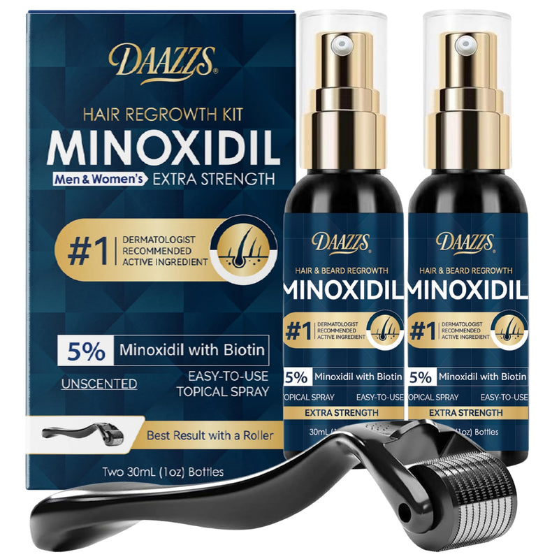 5% Minoxidil Hair & Beard Regrowth Spray Kit for Men & Women, 2 x 1 fl oz | Extra Strength topical solution treatment for hair loss and thinning areas, designed for controlled and convenient daily use.