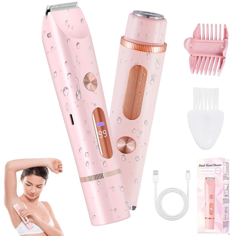 [Australia] - 2026 Upgrade Bikini Trimmer for Women, 2 in 1 Dual Head Electric Shaver with LED Display, IPX7 Waterproof Body Pubic Hair Trimmer Rechargeable Electric Razor for Armpit Leg Body Facial Wet & Dry Use 