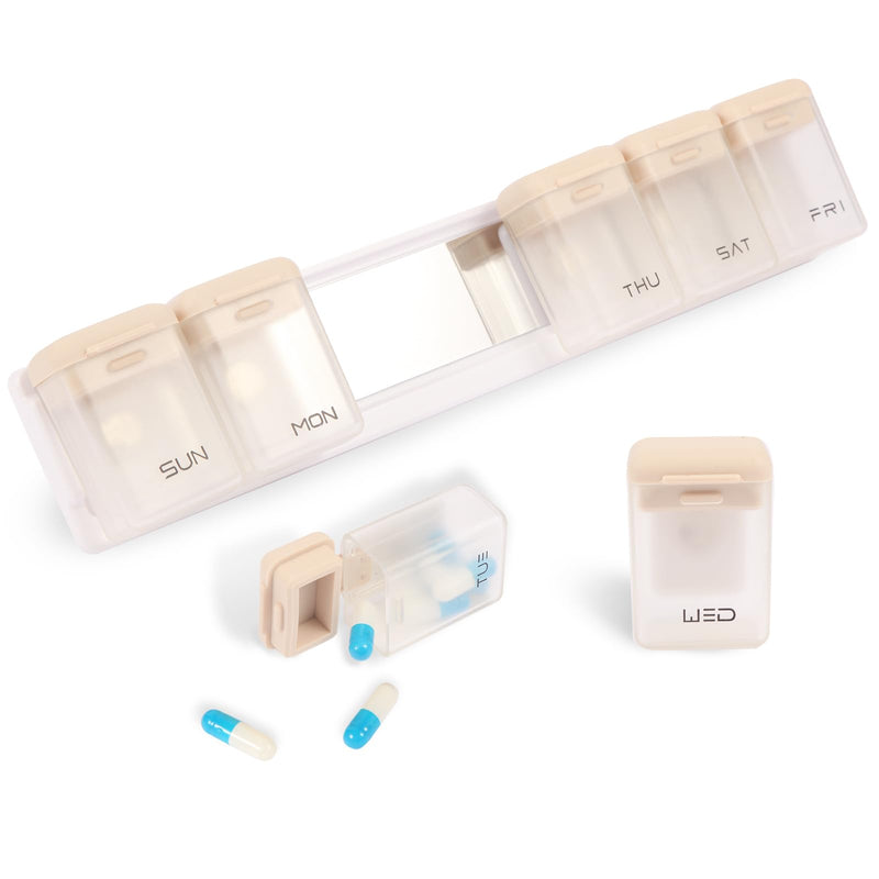 Weekly Pill Organizer 1 Time a Day Large Daily Magnetic Travel Pill Case | Large Week Once Daily Medication Dispenser Medicine Container Holder for Supplement Box 7 Day 1 Time a Day, Brown