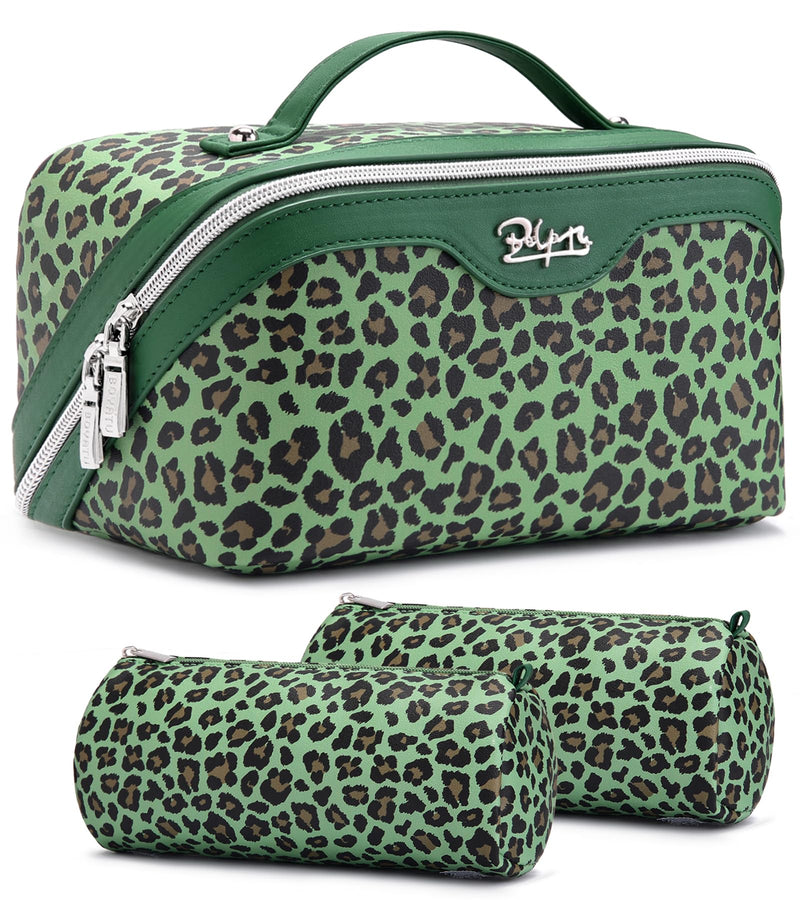 BOYATU Travel Makeup Bag Organizer: 3 Pcs Set Leopard Make up Bag for Women | Vegan Leather Cosmetic Bags with Compartments - Waterproof Toiletry Bag - 180° Open-Flat Make up Case for 3-15 Day Trips 09-Green