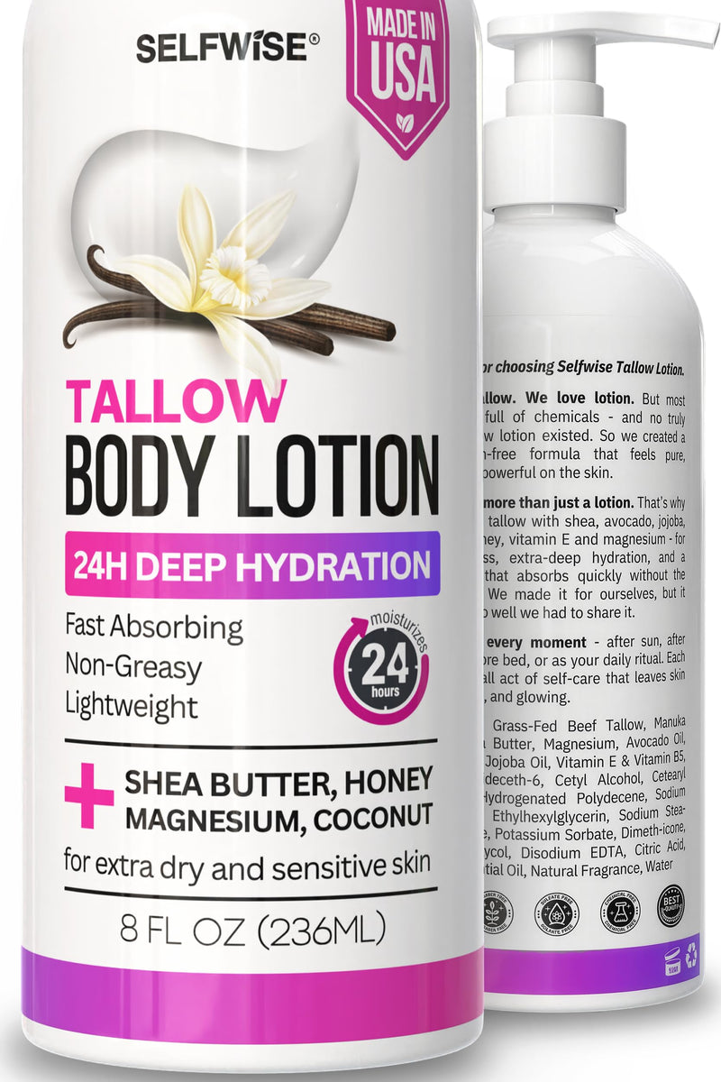 Beef Tallow Body Lotion with Magnesium, Shea Butter, Avocado, Honey - Natural Lotion with Vitamin E - Fast Absorbing, Non-Greasy Moisturizer for Dry & Sensitive Skin, Daily Hydrating Body Cream 8 Fl Oz (Pack of 1)