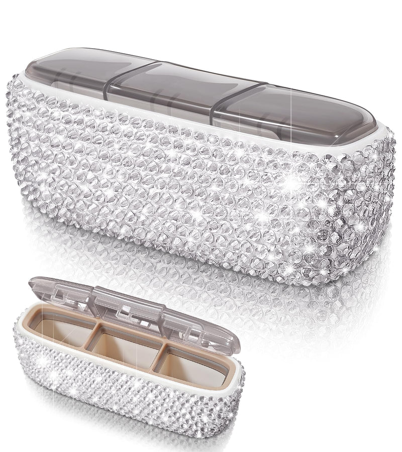 Bling Travel Pill Organizer Crystal Rhinestone 3 Compartments Independent Lid Portable Small Pill Case Box to Hold Vitamins Container for Pocket Purse Medicine Organizer