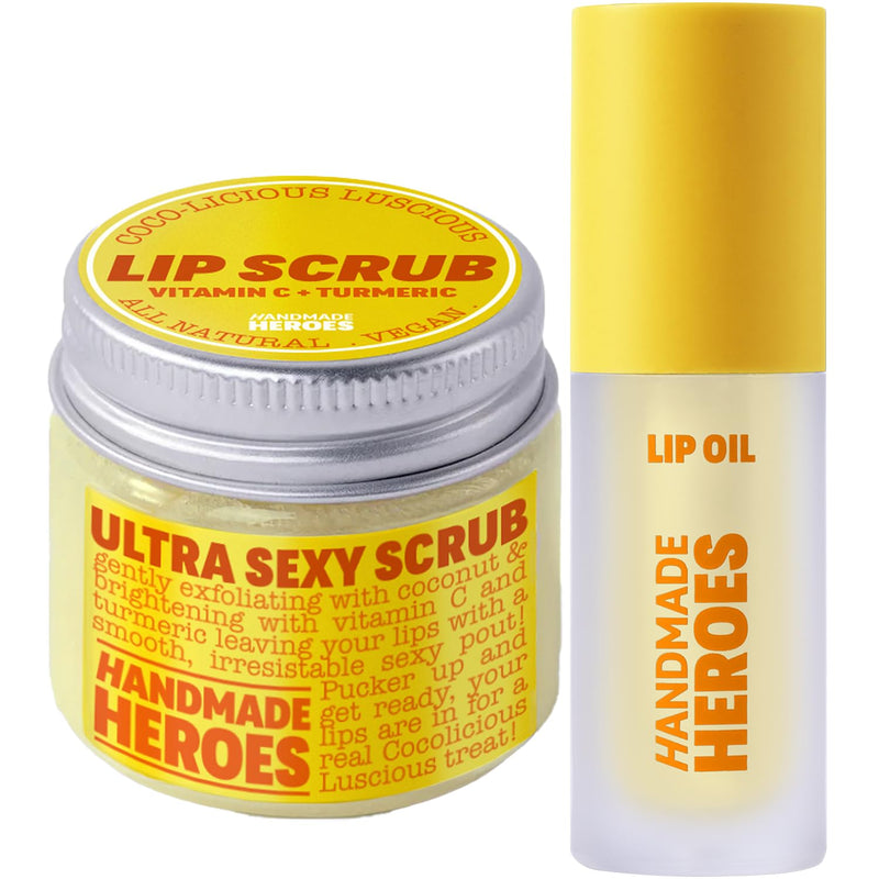 Handmade Heroes Turmeric Lip Scrub & Vitamin C Lip Oil Set | Brightening & Nourishing Treatment Duo, 100% Natural, Vegan Lip Care Set for Dry, Dark, Dull Lips, Gift Set