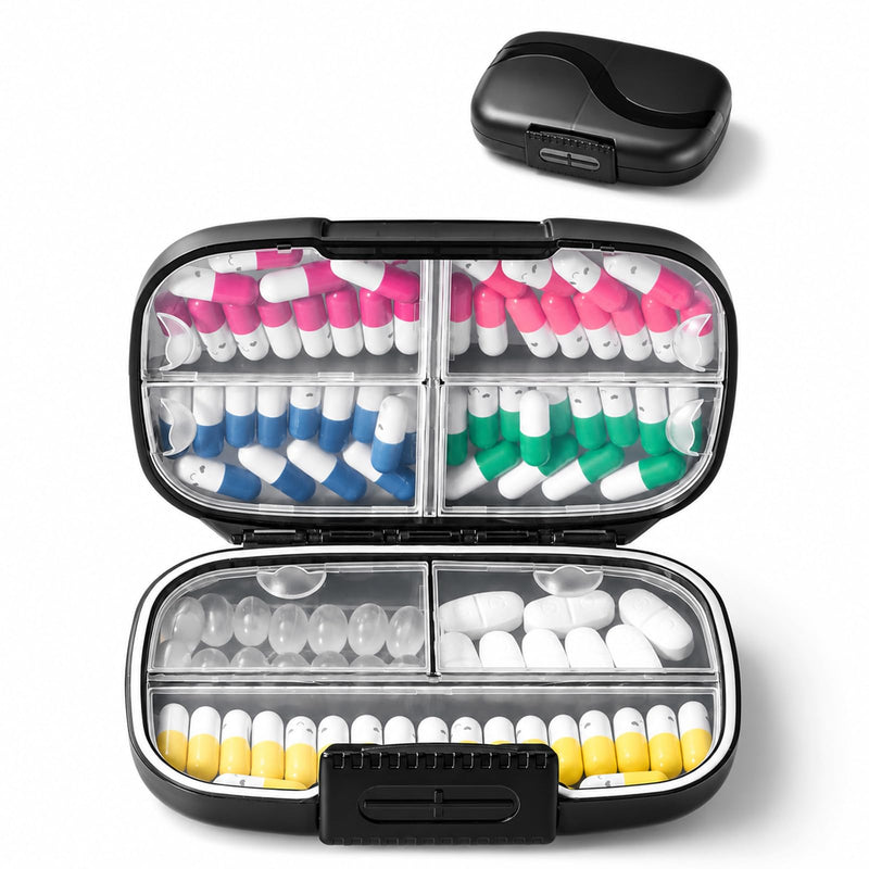 Large Pill Organizer for Purse 7 Day Vitamin Box Travel Case for Fish Oil | Black Pill Container with Label,Double Lock,Water-proof Medicine Holder,Portable for Daily Supplements & Small Accessories
