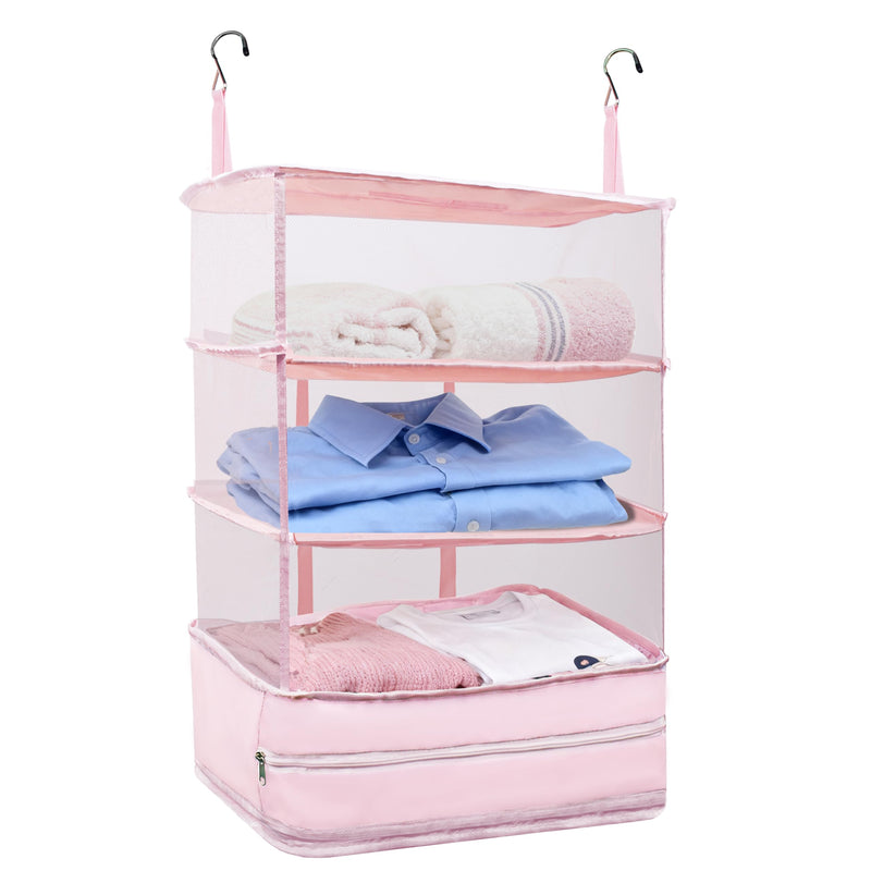 Hanging Travel Closet Organizer Suitcase Shelves Portable Carry on Closets for Hanging Packing Cubes Storage,XL,Pink