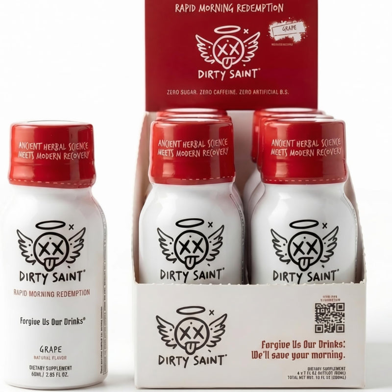 DIRTY SAINT Next Morning Revival Shot | 16 Functional Ingredients, 6 Doses | DHM | Next Day Resurrection | Korean Raisin Tree, No Sugar, Milk Thistle, NAC, B Vitamins, Electrolytes, Natural Grape 2 Fl Oz (Pack of 6)