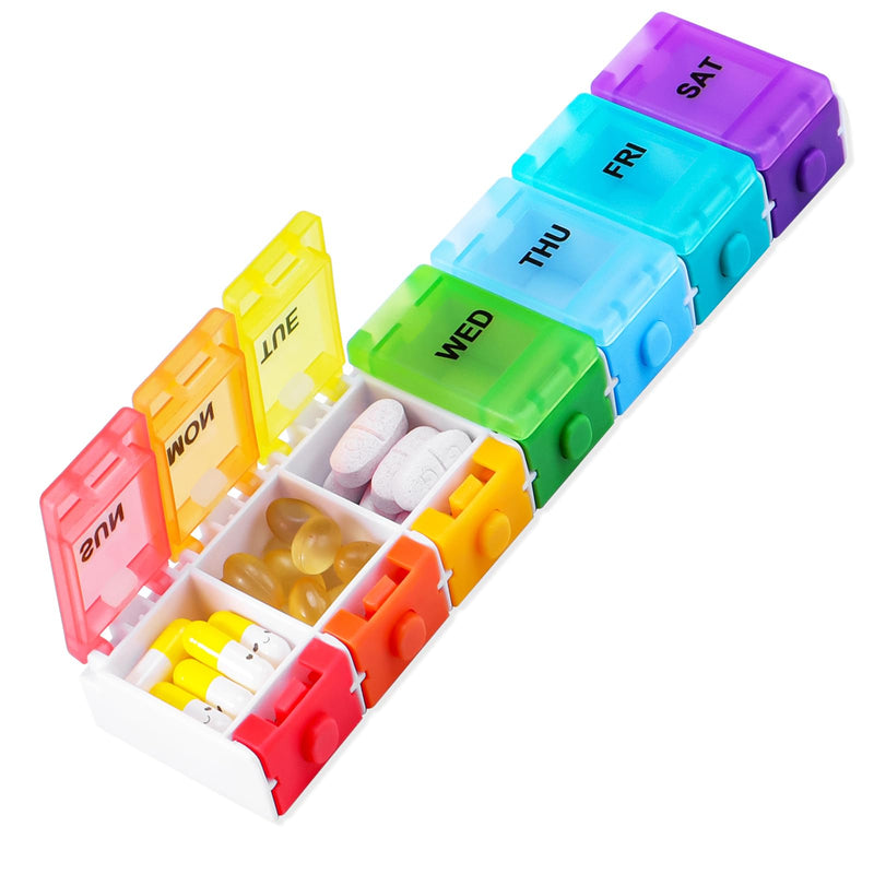 Rainbow 7 Day Pill Organizer Push Button for Vitamin Supplements Box | Weekly Pill Case,Container for Fish Oil Medicine,Travel Pill Holder,Easy for Arthritic Hand,BPA-Free Rainbow