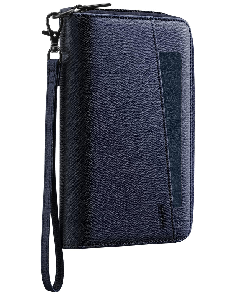 VULKIT Leather Passport Wallet RFID Blocking with Wrist Strap, Travel Document Organizer - 6 Credit Card Slots, 2 Interior + 2 Exterior Passport Slots, 2 ID Windows, Zipper Closure, Dark Blue