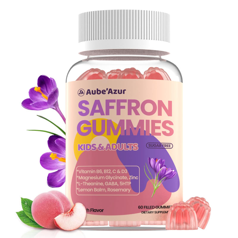 Saffron Gummies for Kids, Nerve & Focus Support, Saffron Supplements,60 Ct | 15-in-1 fomula with B6, B12, C, D3, Magnesium Glycinate, Zinc for Rest. Sugar Free, Peach Flavor. Vegan, Non- GMO