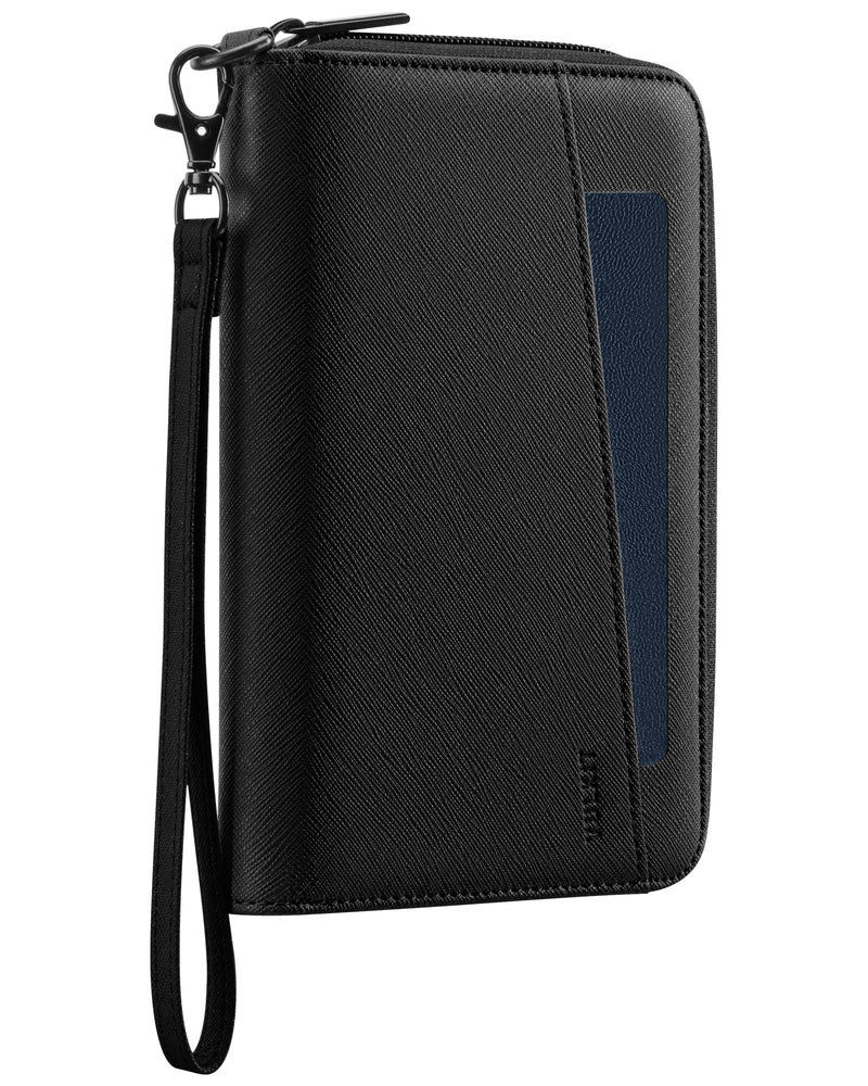 VULKIT Leather Passport Wallet RFID Blocking with Wrist Strap, Travel Document Organizer - 6 Credit Card Slots, 2 Interior + 2 Exterior Passport Slots, 2 ID Windows, Zipper Closure, Black