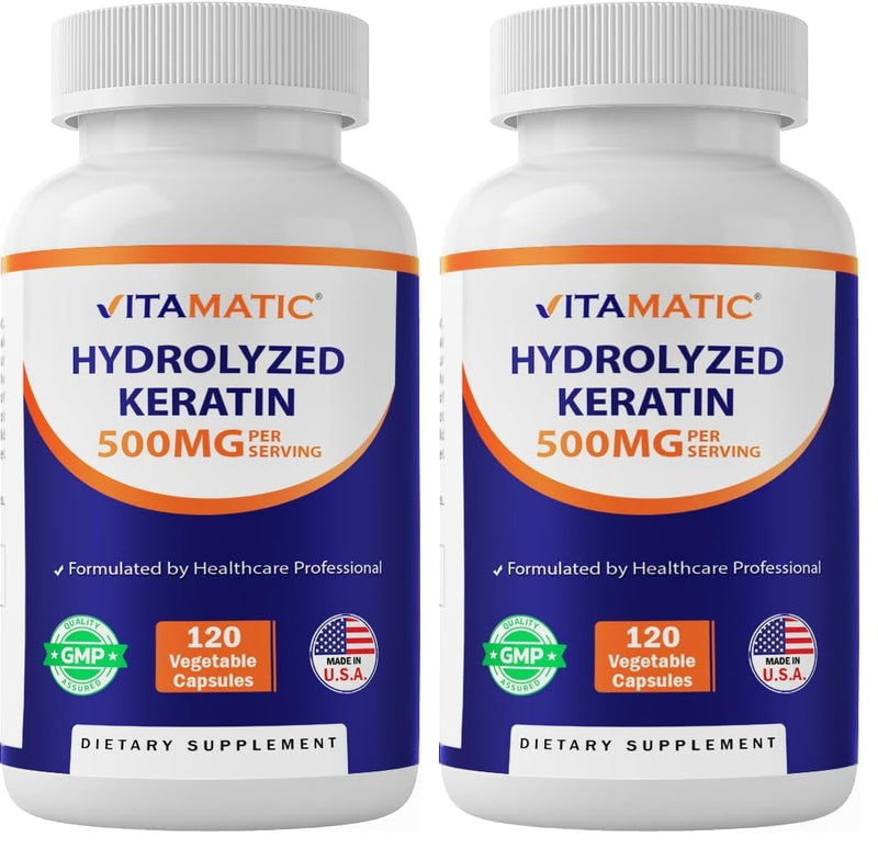 Vitamatic Hydrolyzed Keratin 500mg per Serving - 120 Vegetarian Capsules - Keratin Supplements for Healthy Hair Skin & Nails for Adults (Pack of 2) 120 Count (Pack of 2)