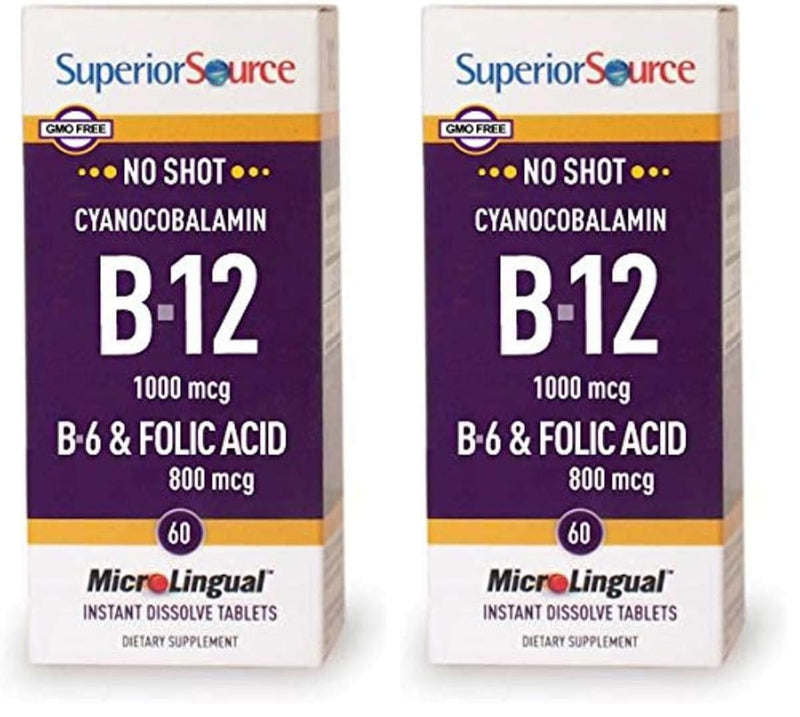 Superior Source No Shot Vitamin B-12 Cyanocobalamin 1000 mcg, B-6, Folic Acid 800 mcg - Support Brain & Heart Health - Aids Natural Energy Levels - 60 Sublingual Dissolving Tablets (Pack of 2) 60 Count (Pack of 2)
